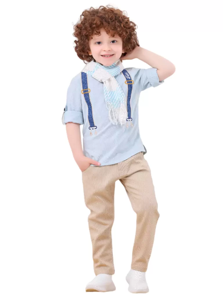 طقم أولادي 4 قطع ( شيميز + بنطلون جبردين + حزام - سكارف صيفي )