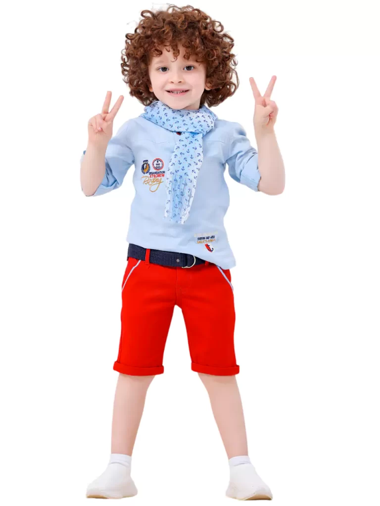 طقم أولادي 4 قطع ( شيميز + شورت جبردين + حزام - سكارف صيفي )