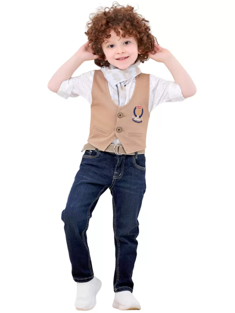 طقم أولادي 5 قطع ( شيميز + بنطلون + فيست + حزام + سكارف صيفي )