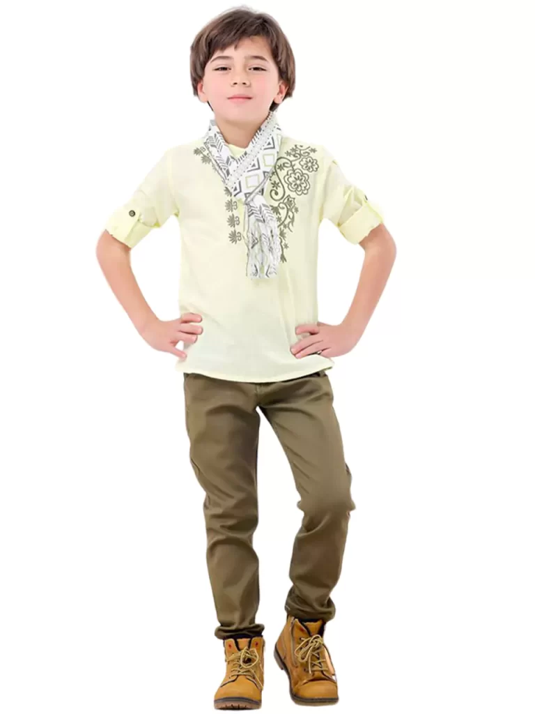 طقم أولادي 4 قطع ( شيميز + بنطلون + حزام + سكارف صيفي )