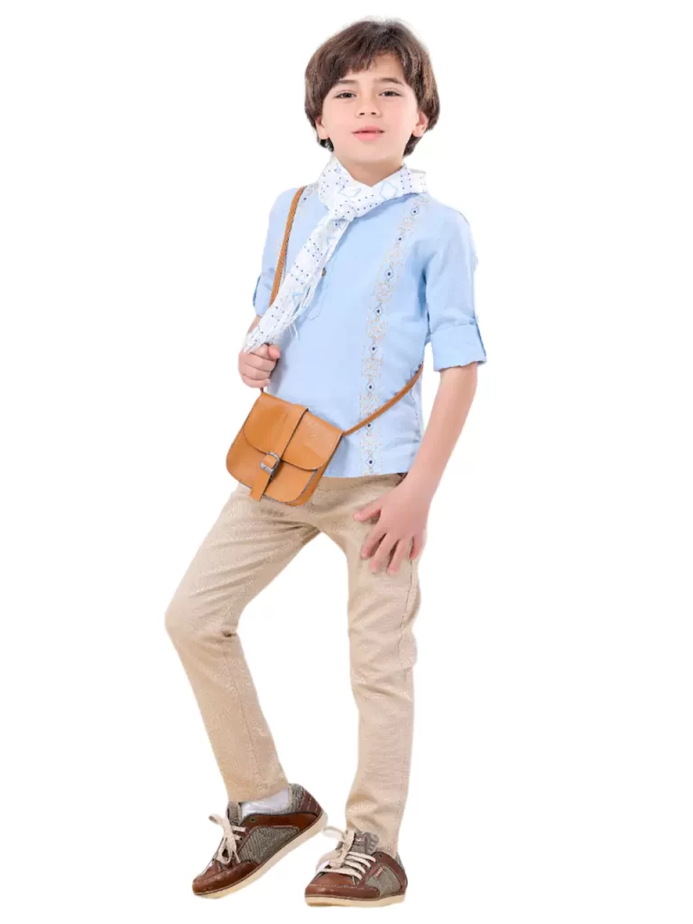 طقم أولادي 5 قطع ( شيميز + بنطلون + شنطة + حزام + سكارف صيفي )