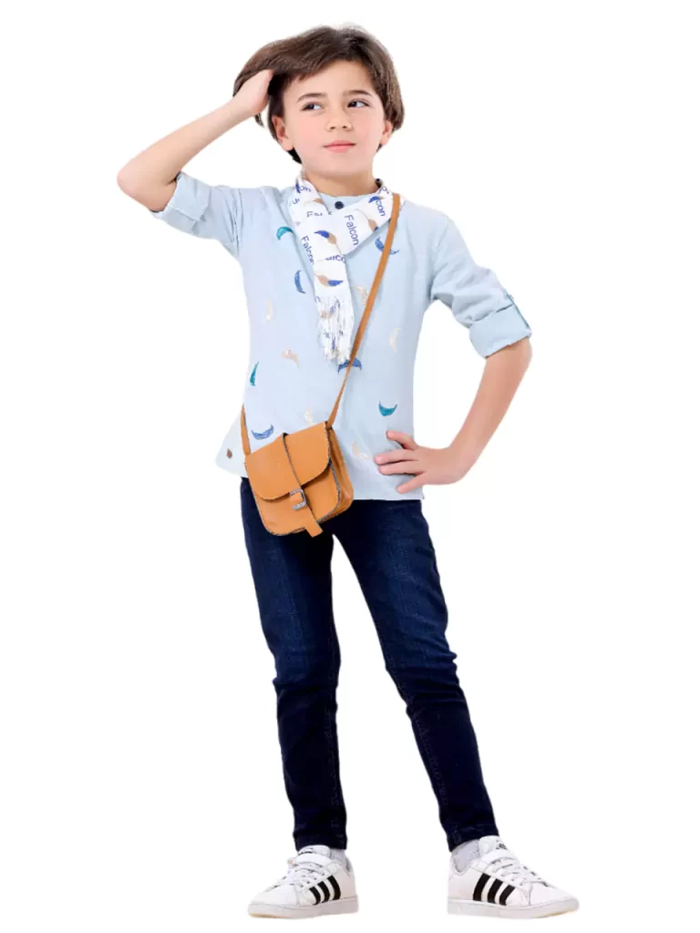 طقم أولادي 5 قطع ( شيميز + بنطلون + شنطة + حزام + سكارف صيفي )