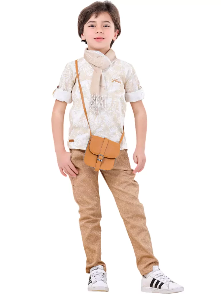 طقم أولادي 5 قطع ( شيميز + بنطلون + شنطة + حزام + سكارف صيفي )