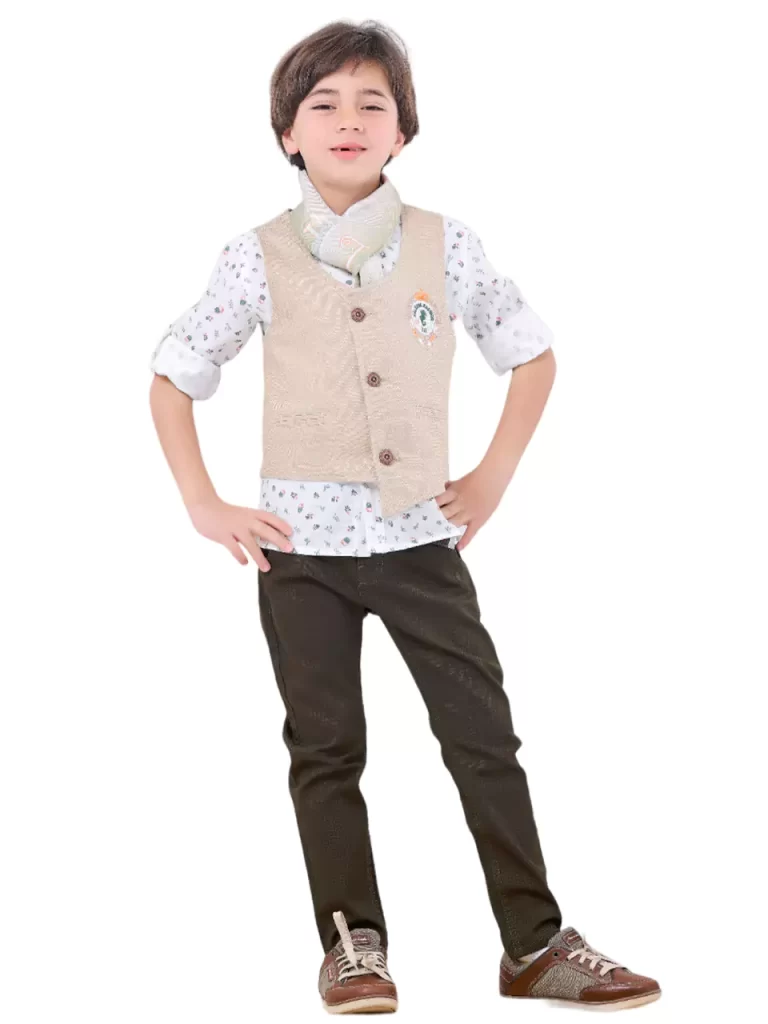 طقم أولادي 5 قطع ( شيميز + بنطلون + فيست + حزام + سكارف صيفي )