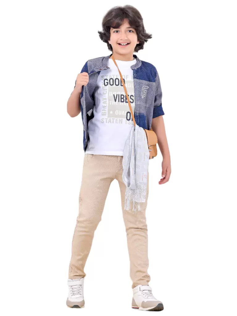 طقم أولادي 6 قطع ( شيميز + تيشرت قطن 100% + بنطلون + شنطة + حزام + سكارف صيفي )