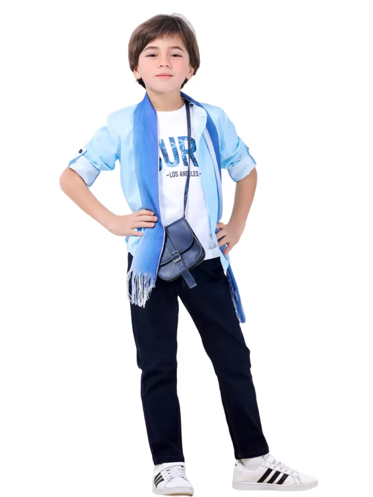 طقم أولادي 6 قطع ( شيميز + تيشرت قطن 100% + بنطلون + شنطة + حزام + سكارف صيفي )