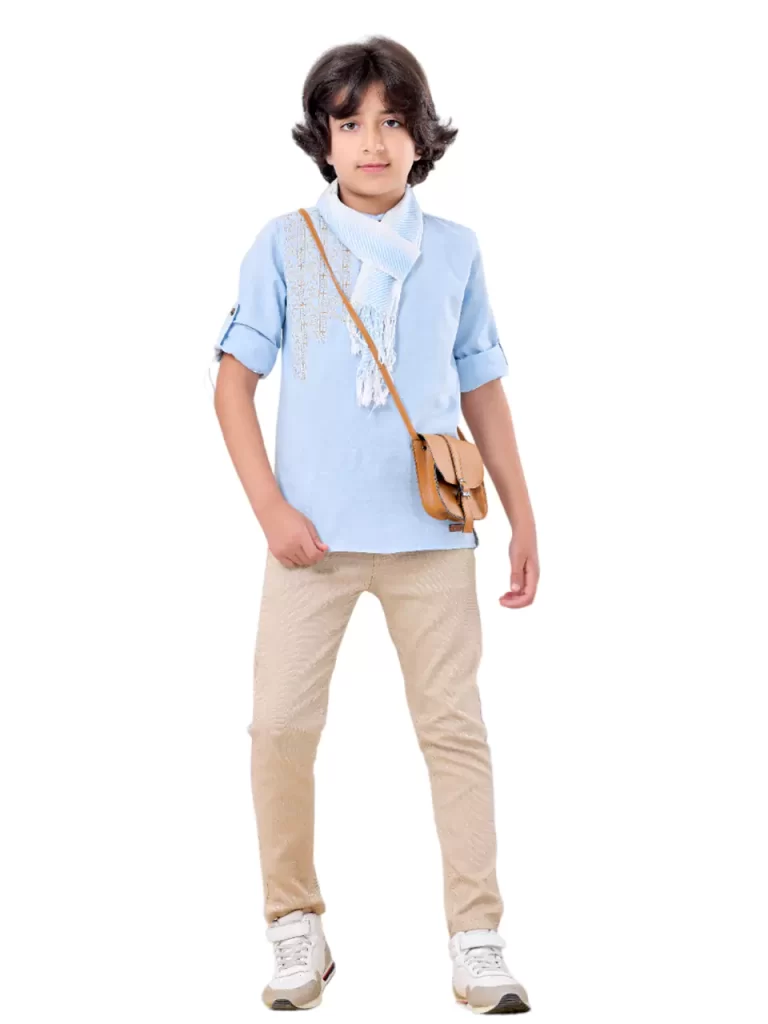 طقم أولادي 5 قطع ( شيميز + بنطلون + شنطة + حزام + سكارف صيفي )