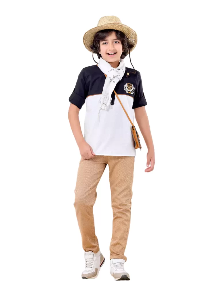 طقم أولادي 5 قطع ( شيميز + بنطلون + شنطة + حزام + سكارف صيفي )